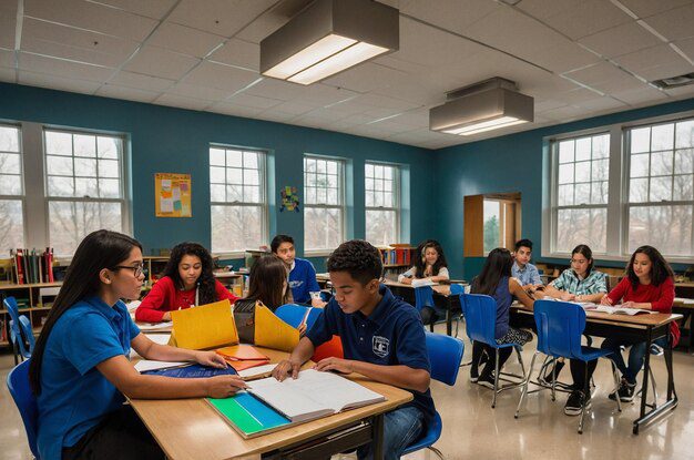 Students studying in small groups across a classroom, discussing work with books and folders on desks.