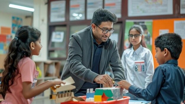Teacher guiding students in a classroom activity with learning blocks and educational materials on a table.