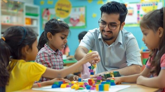 Teacher helping young children build colorful blocks during a hands-on learning activity in a bright classroom.